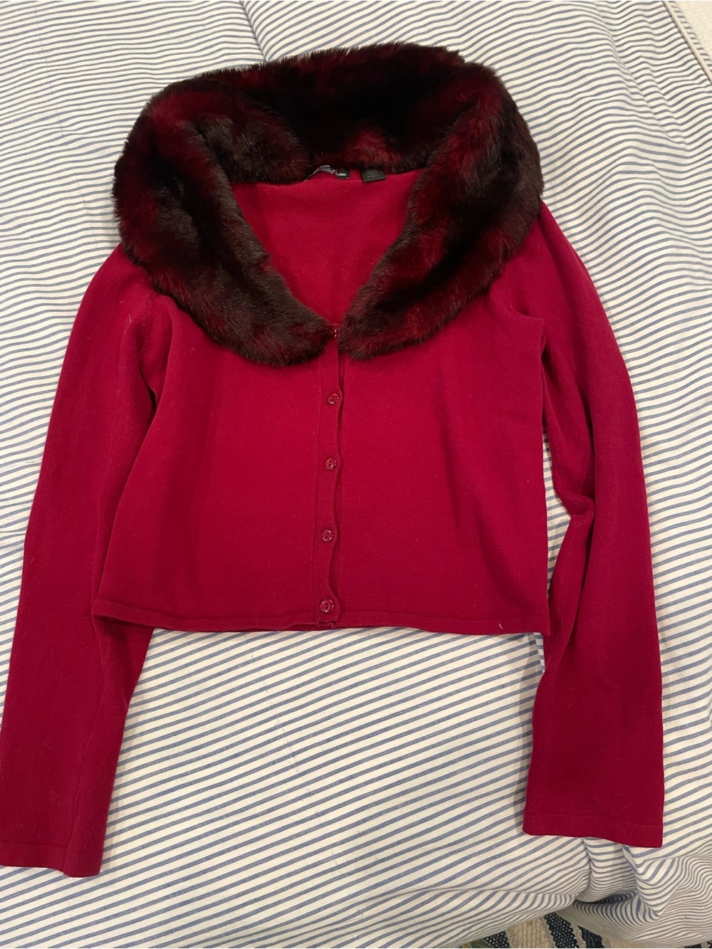 Moda International Burgundy Button-Up Sweater with Faux Fur Shawl Collar